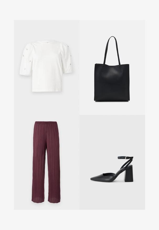 Valge puuvillane T-särk lühikeste puffkäistega, millel on väikesed hõbedased kaunistused käiste servades. Klassikaline ümmargune kaelus, vaba ja mugav lõige.; Sügavpunased plisseepüksid, millel on elastne vöökoht, voolava ja laia säärekujundusega ning vertikaalsed pleedid üle kogu pinna.; Mustmustest must-käigukingad, millel on konksuga nöör ja paks konts. Ühtlane tekstuur, stiilne disain ja minimalistlik esteetika.; Mustast nahast kott sujuva tekstuuriga, ristkülikukujuline ja kahe pika sangaga. Pole nähtavat riistvara ega kaunistusi.