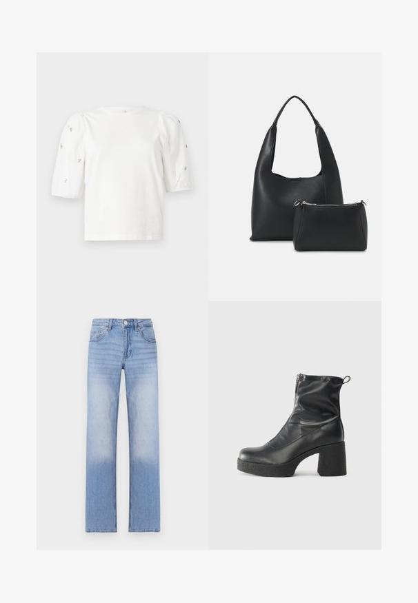 T-shirt branca de algodão com mangas puff curtas, apresentando pequenos embellissements prateados ao longo das mangas. Decote redondo clássico, corte descontraído.; Jeans de ganga azul claro com um design de perna reta, apresentando um acabamento desbotado na parte inferior e o clássico estilo de cinco bolsos.; Botas de tornozelo pretas feitas de couro liso, com fecho lateral, salto grosso texturizado e design de bico arredondado.; Even&Odd Mala de mão - black
