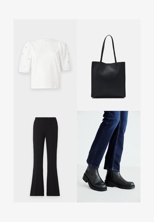 Balta kokvilnas t-kreklu ar īsām puff piedurknēm, ar nelieliem sudraba rotājumiem gar piedurknēm. Klasisks apaļš izgriezums, brīvā piegriezuma.; Melni izplūduši bikses, izgatavotas no gludas auduma, ar pieguļošu jostu, priekšējiem šuvju detaļām un nelielu izplūdumu, sākot no ceļa.; Melnas ādas potīšu zābaki ar masīvu zoli un sānu elastīgām daļām, kombinēti ar tumši ziliem džinsiem. Zeme ir gaišā krāsā.; Melnas ādas somiņa ar gludu tekstūru, taisnstūra formu un divām garām rokturiem. Nav redzamu aparatūras vai rotājumu.