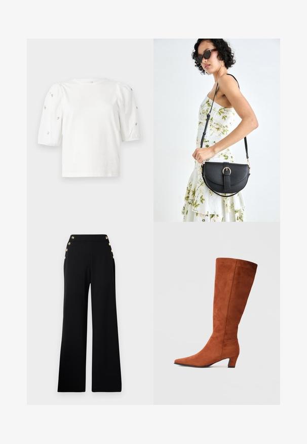 Hvit bomull T-skjorte med korte pufferm, med små sølvdekorasjoner langs ermene. Klassisk rund hals, avslappet passform.; Sorte høye vid bukser med gullknapper foran og lommer på begge hofter på en hvit bakgrunn.; Brune suédine knæhøje støvler med spids tå og en lille blokhæl, med en glat tekstur og minimalistisk design.; Svart lærveske med en buet form, avtagbar stropp og gullbeslag. Vesken har et klaff med spenne-detall.