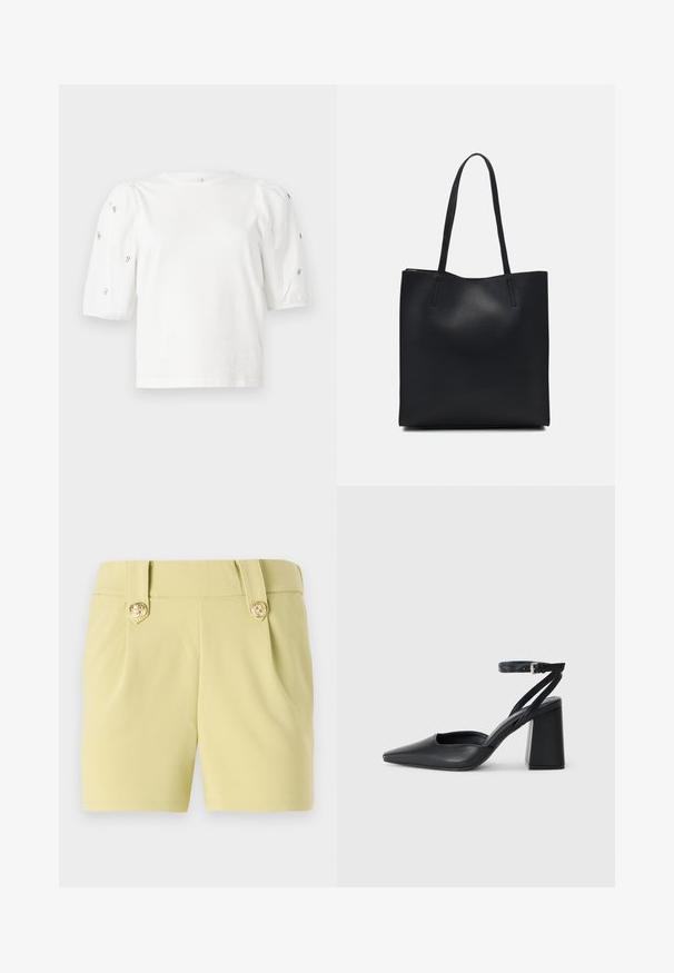 White cotton t-shirt with short puff sleeves, featuring small silver embellishments along the sleeves. Classic round neckline, relaxed fit.; Light yellow shorts with a smooth fabric, featuring two front pleats and gold decorative buttons on the waistband. Tailored design.; Black leather pointy-toe pump with an ankle strap and a chunky heel. Flat texture, sleek design, and minimalistic aesthetics.; Black leather tote bag with smooth texture, rectangular shape, and two long handles. No visible hardware or embellishments.