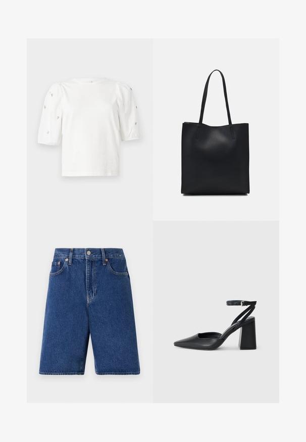 T-shirt branca de algodão com mangas puff curtas, apresentando pequenos embellissements prateados ao longo das mangas. Decote redondo clássico, corte descontraído.; Calções de ganga em azul escuro com um corte clássico, design de cinco bolsos e costura laranja. Com fecho frontal de botão e zip.; Sandal com biqueira afilada em couro preto, com cinta no tornozelo e salto grosso. Textura lisa, design elegante e estética minimalista.; Bolsa tote preta em couro com textura lisa, forma retangular e duas alças longas. Sem hardware ou enfeites visíveis.