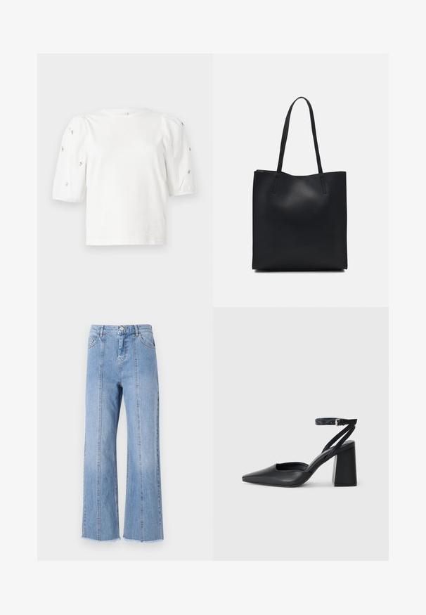 Balta medvilnės marškinėliai trumpomis pūstomis rankovėmis, papuošti mažomis sidabrinėmis detalėmis ant rankovių. Klasikinis apvalus iškirpimas, laisvas siluetas.; Šviesiai mėlyni džinsiniai plačios kojos džinsai su aukštu liemeniu, priekinėmis siūlėmis ir nebaigta apdaila. Su klasikiniu mygtuko ir užtrauktuko uždarymu liemenyje.; Juoda odinė smailiagalė aukštakulnio bateliai su kulkšnies dirželiu ir storu kulnu. Lygus paviršius, elegantiškas dizainas ir minimalistiška estetinė. ; Juodas odinis tote krepšys su lygia tekstūra, stačiakampio formos ir dviem ilgais rankenomis. Matomų metalinių detalių ar puošybos nėra.