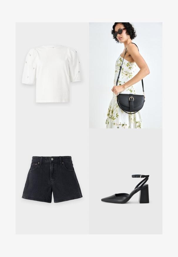 Tricou alb din bumbac cu mâneci scurte tip bufantă, având mici embellisheuri argintii pe mâneci. Decolteu clasic rotund, croială lejeră.; Shorts negri din denim cu un croi clasic, cinci buzunare, închidere cu nasture metalic și cusături tonale. Țesătura are o finisare ușor texturată.; Pantofii cu toc ascuțit din piele neagră, cu breteaua pentru glezne și toc gros. Textură netedă, design elegant și estetică minimală.; Geantă din piele neagră, cu o formă curbată, curea detașabilă și accesorii aurii. Geanta are un capac cu un detaliu tip cataramă.
