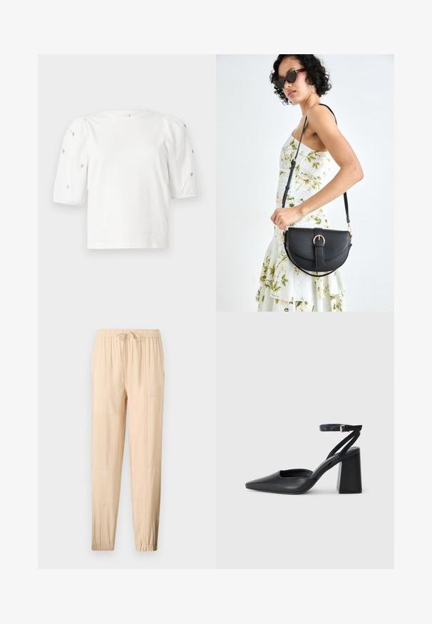 White cotton t-shirt with short puff sleeves, featuring small silver embellishments along the sleeves. Classic round neckline, relaxed fit.; Beige, lightweight trousers with an elastic waistband, adjustable drawstring, tapered fit, and side pockets; smooth texture and minimal seams.; Black leather pointy-toe pump with an ankle strap and a chunky heel. Flat texture, sleek design, and minimalistic aesthetics.; Black leather handbag with a curved shape, detachable strap, and gold hardware. The bag features a flap with a buckle detail.