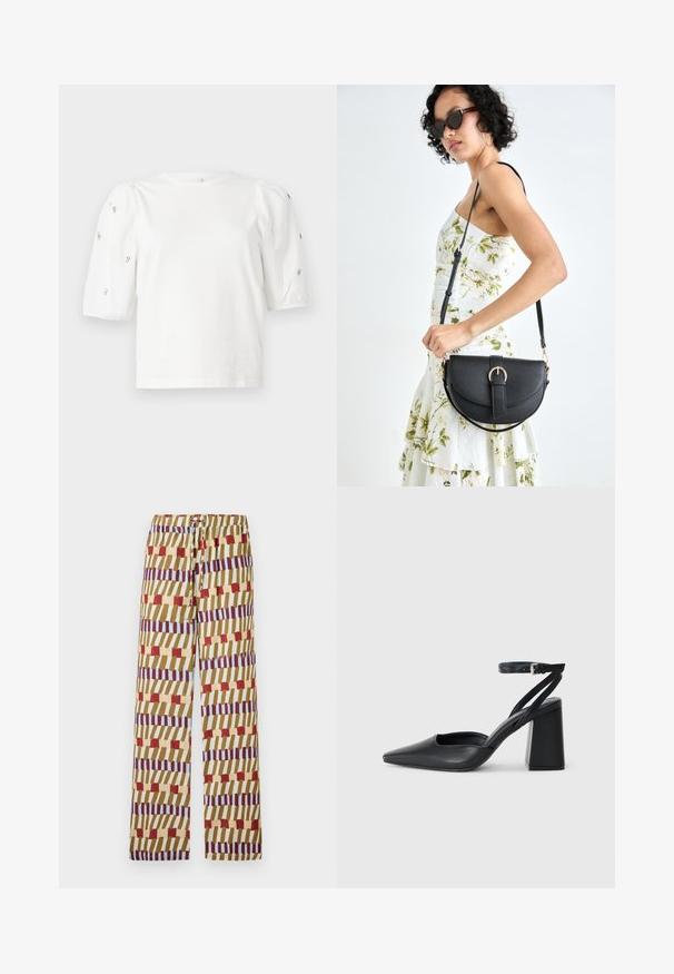 Tricou alb din bumbac cu mâneci scurte tip bufantă, având mici embellisheuri argintii pe mâneci. Decolteu clasic rotund, croială lejeră.; Pantaloni colorati cu un model pătrățos, având o talie cu șnur, confecționați dintr-un material ușor. Designul include dungi în roșu, albastru și galben.; Pantofii cu toc ascuțit din piele neagră, cu breteaua pentru glezne și toc gros. Textură netedă, design elegant și estetică minimală.; Geantă din piele neagră, cu o formă curbată, curea detașabilă și accesorii aurii. Geanta are un capac cu un detaliu tip cataramă.