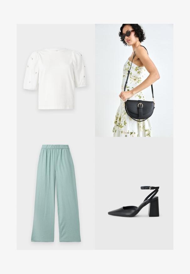 Balta medvilnės marškinėliai trumpomis pūstomis rankovėmis, papuošti mažomis sidabrinėmis detalėmis ant rankovių. Klasikinis apvalus iškirpimas, laisvas siluetas.; Šviesiai žali, plačių kojų kelnės, pagamintos iš minkštos medžiagos, su elastinga juosmens juosta ir subtiliu raštu, sukurtos komfortui ir lengvumui judant.; Juoda odinė smailiagalė aukštakulnio bateliai su kulkšnies dirželiu ir storu kulnu. Lygus paviršius, elegantiškas dizainas ir minimalistiška estetinė. ; Juodas odinis krepšys su išlenkta forma, nuimamu dirželiu ir auksiniais detalėmis. Krepšys turi kilpą su sagtimi.