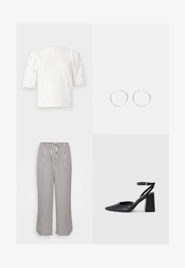 Balta medvilnės marškinėliai trumpomis pūstomis rankovėmis, papuošti mažomis sidabrinėmis detalėmis ant rankovių. Klasikinis apvalus iškirpimas, laisvas siluetas.; Suknelės kelnes su raišteliu juosmenyje, su vertikaliomis mėlynomis ir baltomis juostelėmis, pateiktos ant baltos fono.; Juoda odinė smailiagalė aukštakulnio bateliai su kulkšnies dirželiu ir storu kulnu. Lygus paviršius, elegantiškas dizainas ir minimalistiška estetinė. ; Sidabrinės auskarai žiedai su sėslia, apvalia forma, pasižymintys lygia paviršiumi ir be matomų puošmenų. Svoris nenurodytas.