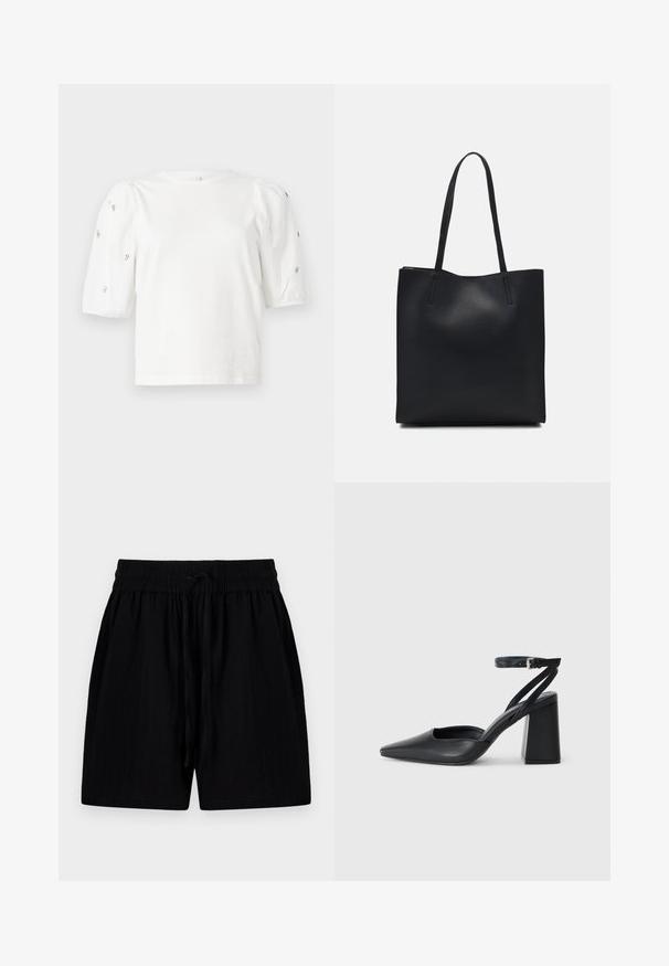 T-shirt branca de algodão com mangas puff curtas, apresentando pequenos embellissements prateados ao longo das mangas. Decote redondo clássico, corte descontraído.; Calções pretos feitos de um tecido leve com um cordão na cintura, apresentando bolsos laterais e uma superfície texturizada.; Sandal com biqueira afilada em couro preto, com cinta no tornozelo e salto grosso. Textura lisa, design elegante e estética minimalista.; Bolsa tote preta em couro com textura lisa, forma retangular e duas alças longas. Sem hardware ou enfeites visíveis.