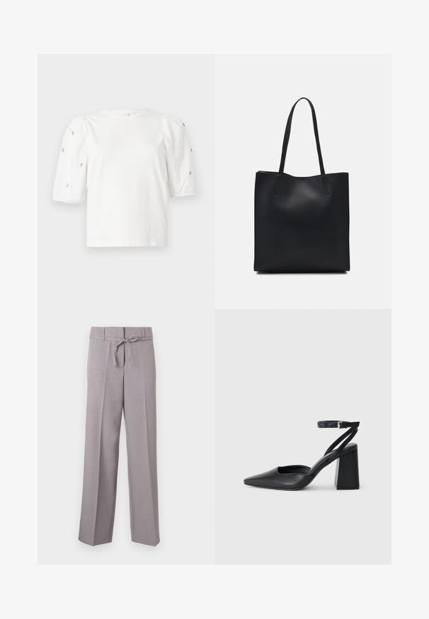 Balta medvilnės marškinėliai trumpomis pūstomis rankovėmis, papuošti mažomis sidabrinėmis detalėmis ant rankovių. Klasikinis apvalus iškirpimas, laisvas siluetas.; Šviesiai pilki, plačių kojų kelnės su minkšta tekstūra, turinčios raištelių juosmens ir spaustas klostes, suteikiančias struktūrizuotą išvaizdą.; Juoda odinė smailiagalė aukštakulnio bateliai su kulkšnies dirželiu ir storu kulnu. Lygus paviršius, elegantiškas dizainas ir minimalistiška estetinė. ; Juodas odinis tote krepšys su lygia tekstūra, stačiakampio formos ir dviem ilgais rankenomis. Matomų metalinių detalių ar puošybos nėra.