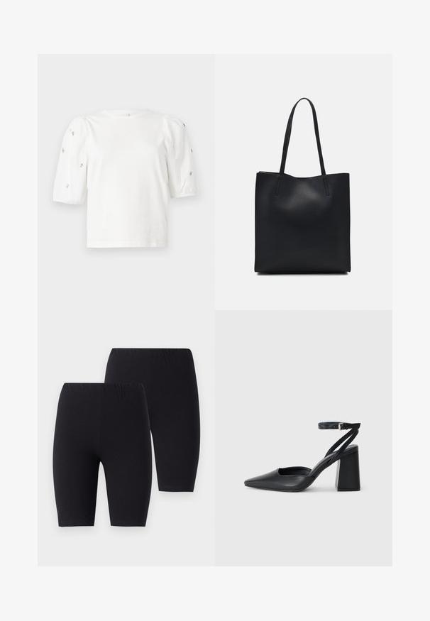 T-shirt branca de algodão com mangas puff curtas, apresentando pequenos embellissements prateados ao longo das mangas. Decote redondo clássico, corte descontraído.; Calções de bicicleta em algodão preto com um cós elástico, apresentando uma textura suave e um design até ao joelho. Duas peças mostradas lado a lado.; Sandal com biqueira afilada em couro preto, com cinta no tornozelo e salto grosso. Textura lisa, design elegante e estética minimalista.; Bolsa tote preta em couro com textura lisa, forma retangular e duas alças longas. Sem hardware ou enfeites visíveis.
