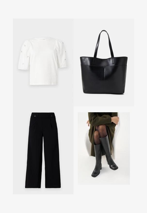 Balta kokvilnas t-kreklu ar īsām puff piedurknēm, ar nelieliem sudraba rotājumiem gar piedurknēm. Klasisks apaļš izgriezums, brīvā piegriezuma.; Melni platās bikses ar gludu priekšpusi, sānu kabatām un diviem pogām jostasvietā. Gluda auduma ar maigu spīdumu.; Ceļgalu augstuma melni ādas zābaki ar kvadrātu purngalu un bloku papēdi, attēloti modelī, kurš sēž olīvu zaļā mētelī. Gluda tekstūra, minimāla apdare.; Melnas ādas iepirkumu soma ar divām garām rokturām, gludu tekstūru un strukturētu formu. Iekļauj priekšējo kabatu papildu uzglabāšanai.