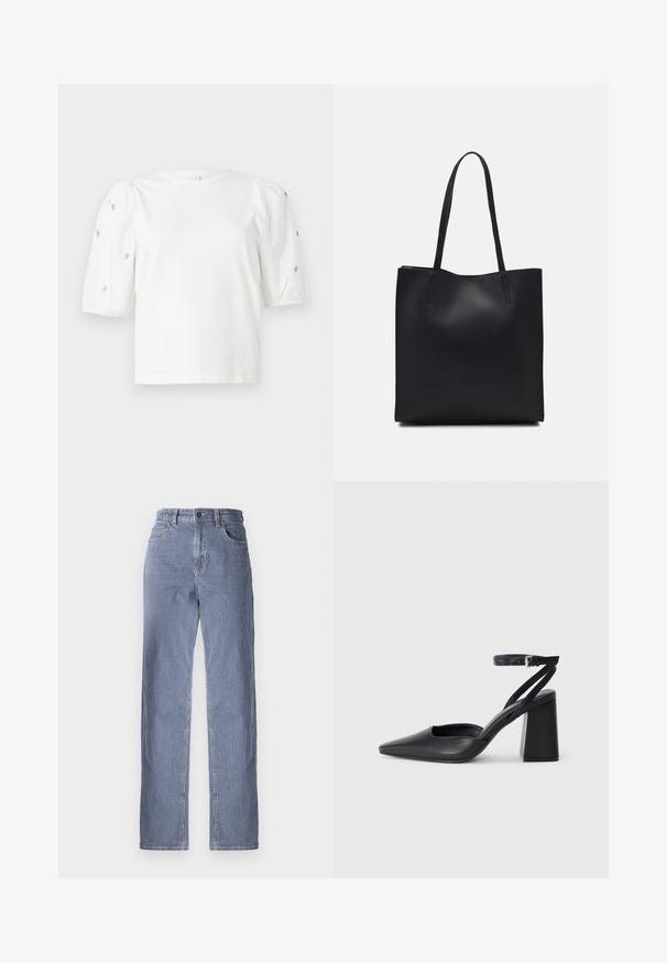 Bílý bavlněný tričko s krátkými nabíranými rukávy, zdobené malými stříbrnými detaily podél rukávů. Klasický kulatý výstřih, volný střih.; Pruhované džíny z denimu se střihem rovného nohavice, obsahující zapínání na knoflík a zip, pět kapes a mírné vyblednutí barvy.; Černé kožené lodičky se špičatou špičkou, kotníkovým páskem a silným podpatkem. Hladká textura, elegantní design a minimalistická estetika.; Černá kožená taška přes rameno s hladkým povrchem, obdélníkovým tvarem a dvěma dlouhými uchy. Žádné viditelné kování ani ozdoby.