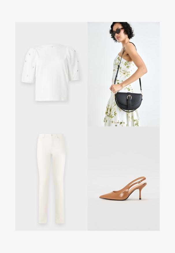 Tricou alb din bumbac cu mâneci scurte tip bufantă, având mici embellisheuri argintii pe mâneci. Decolteu clasic rotund, croială lejeră.; Jeans din denim alb cu picior drept, talie înaltă, buzunare frontale și închidere cu un singur buton. Textură netedă, detalii de coasere minime.; Pantofii cu toc slingback, cu vârful ascuțit, dintr-un material tan neted și strălucitor. Prezintă un design cu decupaj curbat și un toc subțire stil stiletto. Detaliu cu cataramă argintie.; Geantă din piele neagră, cu o formă curbată, curea detașabilă și accesorii aurii. Geanta are un capac cu un detaliu tip cataramă.