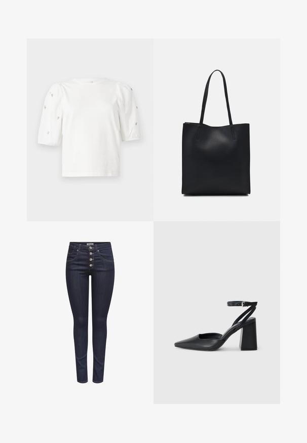White cotton t-shirt with short puff sleeves, featuring small silver embellishments along the sleeves. Classic round neckline, relaxed fit.; Dark blue skinny jeans made of denim. Features five button front closure, front pockets, and a form-fitting design with slight stretch.; Black leather pointy-toe pump with an ankle strap and a chunky heel. Flat texture, sleek design, and minimalistic aesthetics.; Black leather tote bag with smooth texture, rectangular shape, and two long handles. No visible hardware or embellishments.