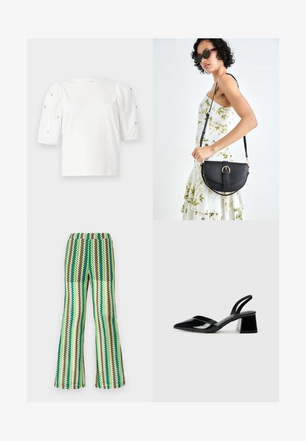 Balta kokvilnas t-kreklu ar īsām puff piedurknēm, ar nelieliem sudraba rotājumiem gar piedurknēm. Klasisks apaļš izgriezums, brīvā piegriezuma.; Adītas flared bikses ar zigzaga rakstu zaļajos, brūnā un krēmkrāsas toņos; elastīga josta; teksturēta virsma.; Melna lakota āda ar atvērto papēdi, ar smailu purngalu un ģeometrisku blokpapēdi. Iezīmējas elegants, minimāls dizains un gluda tekstūra.; Melnas ādas rokassoma ar izliekta formu, noņemamu siksnu un zelta aksesuāriem. Somai ir vāciņš ar sprādzes detaļu.