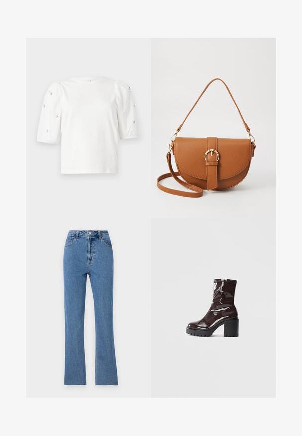 T-shirt branca de algodão com mangas puff curtas, apresentando pequenos embellissements prateados ao longo das mangas. Decote redondo clássico, corte descontraído.; Jeans azuis ajustados feitos de denim, com uma cintura alta, pernas largas e detalhes de costura subtis. Design clássico de cinco bolsos.; Bota de tornozelo burgundy brilhante com um salto preto robusto, apresentando uma textura suave e um design simples. Sem fechos ou padrões visíveis.; Bolsa transversal de couro castanho com um formato curvado, ferragens douradas e um detalhe de fivela. Inclui uma alça de ombro destacável.