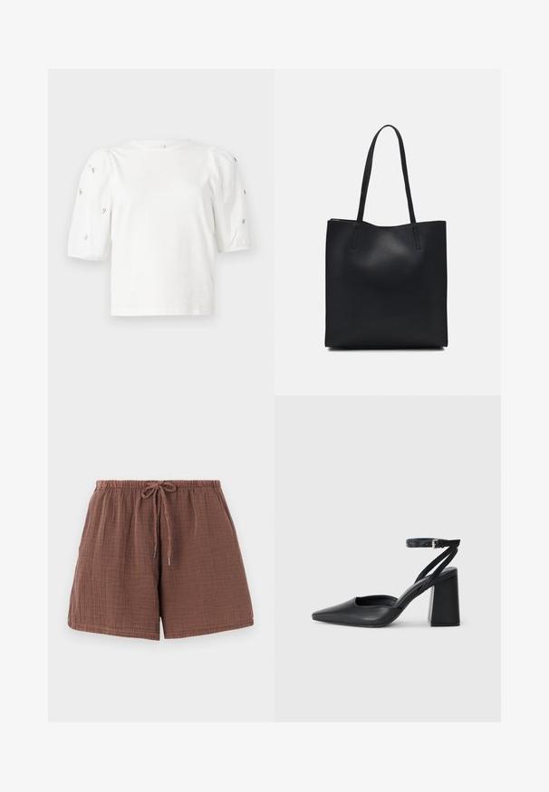 Hvit bomull T-skjorte med korte pufferm, med små sølvdekorasjoner langs ermene. Klassisk rund hals, avslappet passform.; Brune bomullsshorts med en teksturert, krøllete finish, elastisk midjebånd og snor. Midt på låret lengde med en avslappet passform.; Svart lær pumps med spiss tå, ankelrem og kraftig hæl. Flat tekstur, strømlinjeformet design og minimalisme.; Svart lær tote bag med glatt tekstur, rektangulær form og to lange håndtak. Ingen synlige deler eller dekorasjoner.