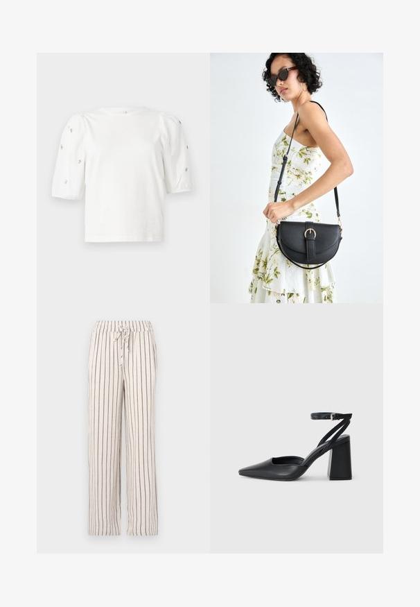 Balta medvilnės marškinėliai trumpomis pūstomis rankovėmis, papuošti mažomis sidabrinėmis detalėmis ant rankovių. Klasikinis apvalus iškirpimas, laisvas siluetas.; Lininiai kelniukai su vertikaliomis tamsiai mėlynomis juostelėmis, elastinga juosta ir raišteliu. Laisvas fasonas su tiesiomis kojomis ir minkšta tekstūra.; Juoda odinė smailiagalė aukštakulnio bateliai su kulkšnies dirželiu ir storu kulnu. Lygus paviršius, elegantiškas dizainas ir minimalistiška estetinė. ; Juodas odinis krepšys su išlenkta forma, nuimamu dirželiu ir auksiniais detalėmis. Krepšys turi kilpą su sagtimi.