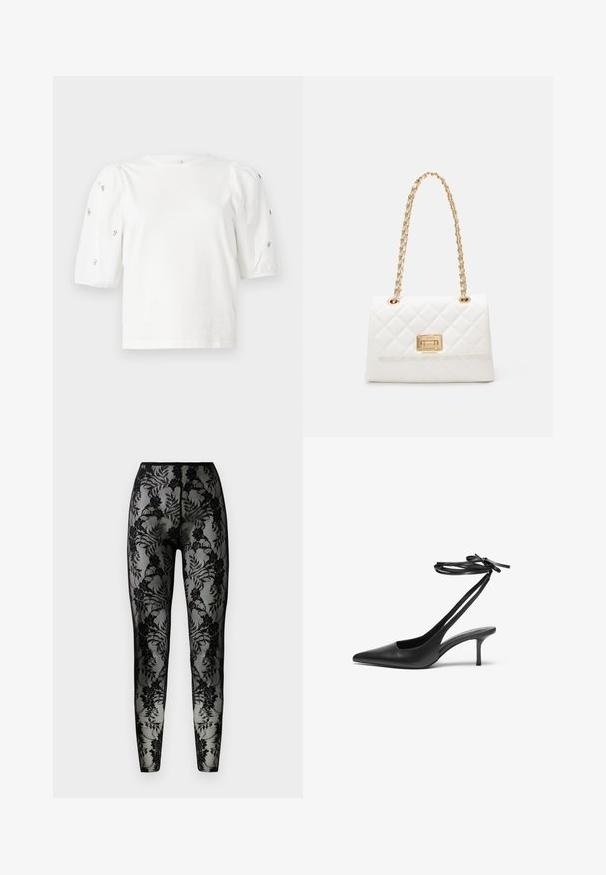 Bijela pamučna majica s kratkim puf rukavima, s malim srebrnim ukrasima duž rukava. Klasičan okrugli izrez, opušteni kroj.; Crne čipkaste tajice sa cvjetnim uzorkom, prozračnim materijalom i uskim krojem, s glatkim pojasom i zatvorenim rubovima.; Crne kožne štikle s šiljastim vrhom, otvorenim leđima i remenčićima koji su vezani u mašnu. Tanak potplat visine 7,5 cm. Glatka tekstura, minimalistički dizajn.; Bijela čuvana torba s zlatnim lancem i pravokutnom kopčom. Ima glatku teksturu i geometrijski uzorak šivanja.