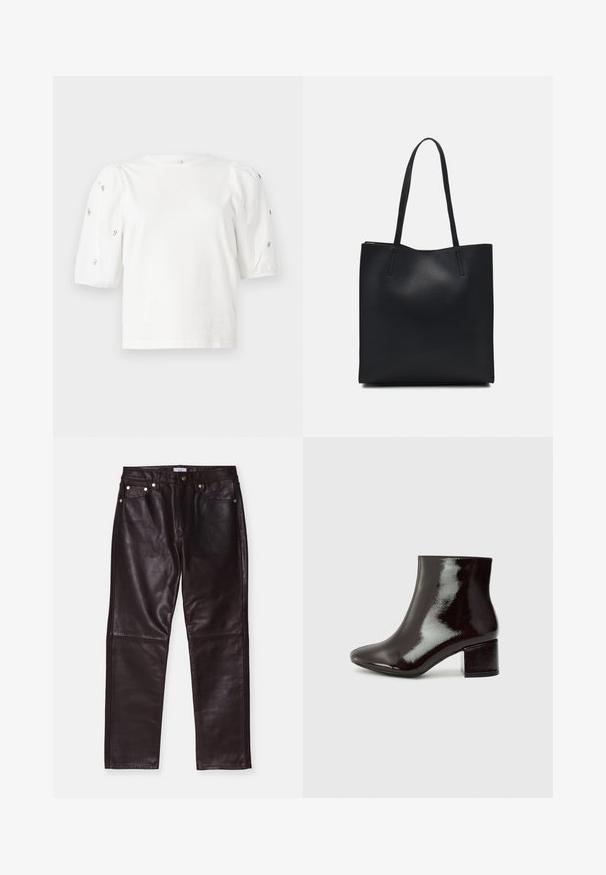 Balta kokvilnas t-kreklu ar īsām puff piedurknēm, ar nelieliem sudraba rotājumiem gar piedurknēm. Klasisks apaļš izgriezums, brīvā piegriezuma.; Brūnas ādas bikses ar gludu virsmu, tajās ir četri kabatas, rāvējslēdzējs un metāla detaļu akcenti. Veidotas ar taisnu kāju dizainu.; Melnas lakotas ādas potītes zābaki ar smailu purngalu un masīvu papēdi. Gluda tekstūra ar vieglu spīdumu un vienkāršām līnijām, minimālistisks dizains.; Melnas ādas somiņa ar gludu tekstūru, taisnstūra formu un divām garām rokturiem. Nav redzamu aparatūras vai rotājumu.