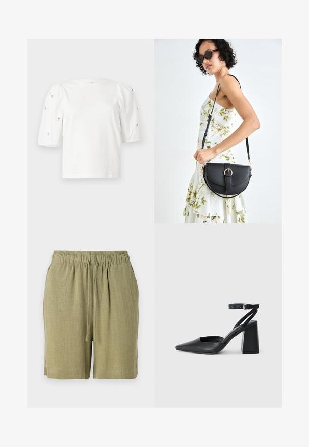T-shirt branca de algodão com mangas puff curtas, apresentando pequenos embellissements prateados ao longo das mangas. Decote redondo clássico, corte descontraído.; Calções verde-oliva feitos de um tecido texturizado e respirável. Apresentam uma cintura elástica e cordão ajustável para um melhor ajuste.; Sandal com biqueira afilada em couro preto, com cinta no tornozelo e salto grosso. Textura lisa, design elegante e estética minimalista.; Bolsa de couro preta com forma curva, alça destacável e detalhes em dourado. A bolsa possui uma aba com detalhe de fivela.