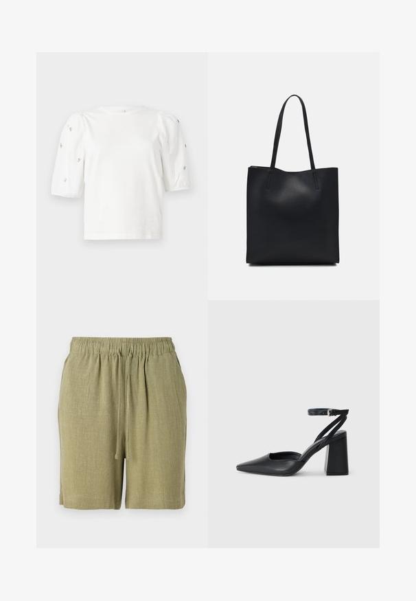 Camiseta de algodón blanca con mangas cortas tipo globo, que presenta pequeños adornos plateados en las mangas. Cuello redondo clásico, corte holgado.; Pantalones cortos de color verde oliva hechos de una tela texturizada y transpirable. Cuentan con una cinturilla elástica y cordón para un ajuste ajustable.; Zapato de tacón puntiagudo de cuero negro con tira en el tobillo y tacón ancho. Textura plana, diseño elegante y estética minimalista.; Bolso tote de cuero negro con textura lisa, forma rectangular y dos asas largas. Sin herrajes ni adornos visibles.