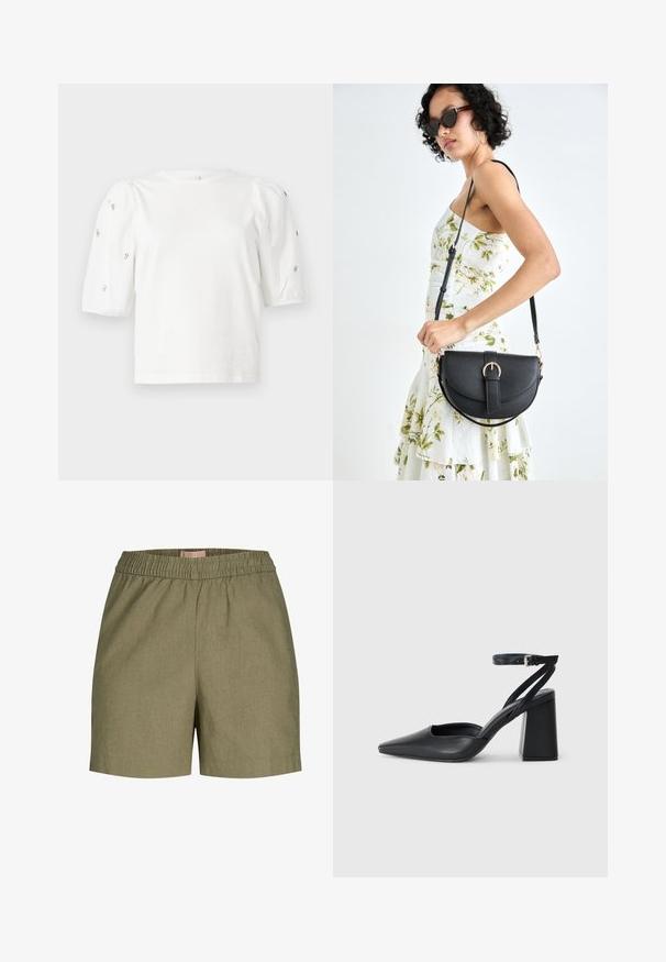 Balta medvilnės marškinėliai trumpomis pūstomis rankovėmis, papuošti mažomis sidabrinėmis detalėmis ant rankovių. Klasikinis apvalus iškirpimas, laisvas siluetas.; Kaki šortai su elastinga juosta, lygia tekstūra, pritaikytu fasonu ir šoninėmis kišenėmis. Medžiaga atrodo tvirta su subtiliu melange modeliu.; Juoda odinė smailiagalė aukštakulnio bateliai su kulkšnies dirželiu ir storu kulnu. Lygus paviršius, elegantiškas dizainas ir minimalistiška estetinė. ; Juodas odinis krepšys su išlenkta forma, nuimamu dirželiu ir auksiniais detalėmis. Krepšys turi kilpą su sagtimi.