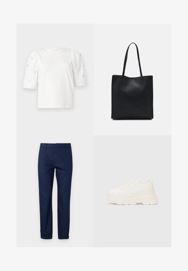 Fehér pamut póló rövid puffos ujjakkal, a ujjain kicsi ezüst díszítések találhatók. Klasszikus kerek nyakú, laza fazonú.; Sötétkék pamut chinos nadrág lapos elülső résszel, fém gombos záródással, oldalsó zsebekkel és felhajtott szegéllyel. Sima textúra és szabott dizájn.; Fehér vászon sportcipő vastag talppal, lekerekített orral és öt fűzőlyukkal. Hátulján egy fül a könnyű felvétel érdekében. Simára kidolgozott textúra, minimális dizájn.; Fekete bőrtáska sima felszínnel, téglalap alakú, két hosszú füllel. Nincs látható fémkiegészítő vagy díszítés.