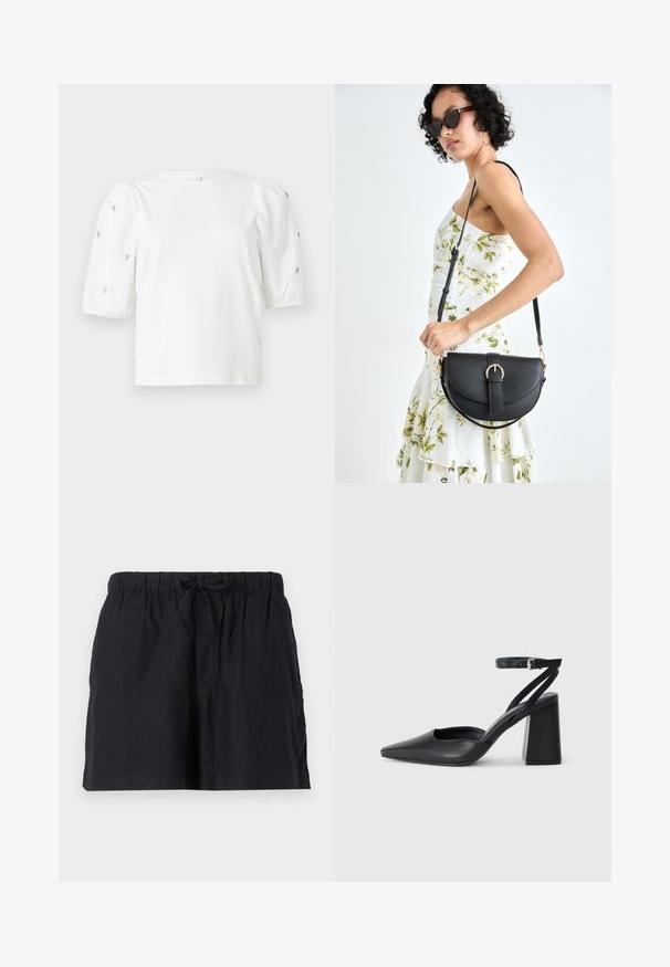 Bílý bavlněný tričko s krátkými nabíranými rukávy, zdobené malými stříbrnými detaily podél rukávů. Klasický kulatý výstřih, volný střih.; Černé lněné šortky s elastickým pasem a stahovací šňůrkou. Obsahují boční kapsy a mají volný střih.; Černé kožené lodičky se špičatou špičkou, kotníkovým páskem a silným podpatkem. Hladká textura, elegantní design a minimalistická estetika.; Černá kožená kabelka s křivkovým tvarem, odnímatelným popruhem a zlatými detaily. Kabelka má klopu s přezkou.