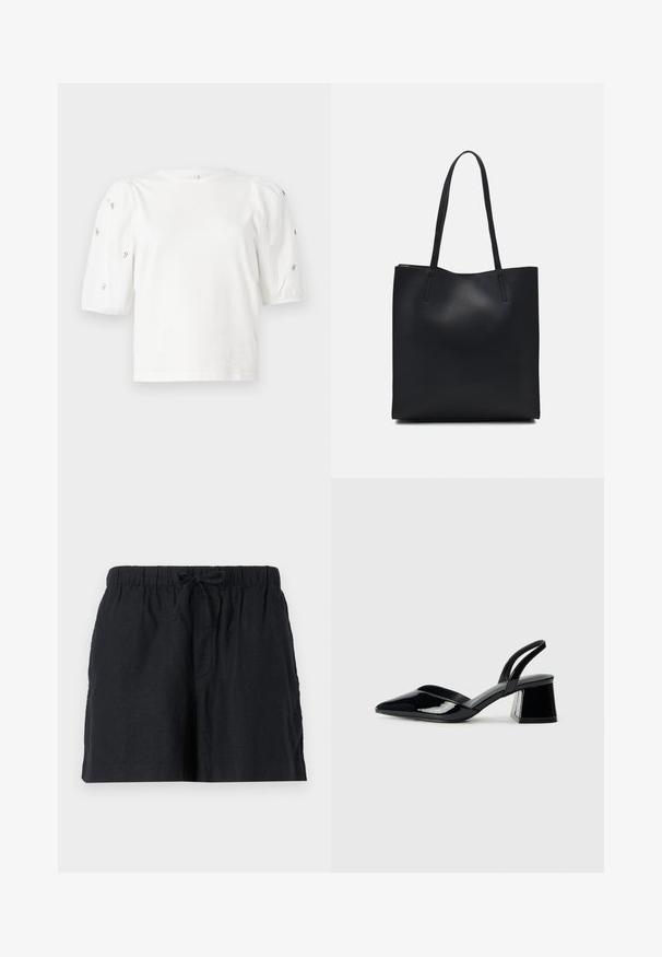 Fehér pamut póló rövid puffos ujjakkal, a ujjain kicsi ezüst díszítések találhatók. Klasszikus kerek nyakú, laza fazonú.; Fekete vászon sort rugalmas derékpánttal és zsinórral. Oldalsó zsebekkel és laza szabású dizájnnal rendelkezik.; Fekete lakk bőr szandálkés magas sarkú cipő, hegyes orral és geometrikus tömbsarkakkal. Karcsú, minimalista dizájn és sima textúra jellemzi.; Fekete bőrtáska sima felszínnel, téglalap alakú, két hosszú füllel. Nincs látható fémkiegészítő vagy díszítés.