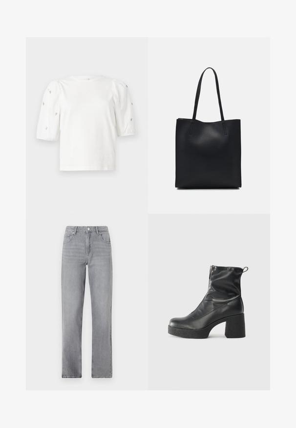 Hvit bomull T-skjorte med korte pufferm, med små sølvdekorasjoner langs ermene. Klassisk rund hals, avslappet passform.; Grå rette jeans med frontlommer, knappestolp og klassisk snitt vist på en enkel hvit bakgrunn.; Svarte ankelstøvler laget av glatt lær, med glidelås på siden, chunky strukturert hæl, og rund tå-design.; Svart lær tote bag med glatt tekstur, rektangulær form og to lange håndtak. Ingen synlige deler eller dekorasjoner.