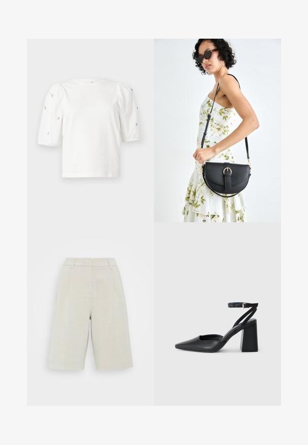 Balta kokvilnas t-kreklu ar īsām puff piedurknēm, ar nelieliem sudraba rotājumiem gar piedurknēm. Klasisks apaļš izgriezums, brīvā piegriezuma.; Beige linu kulotes ar pielāgotu dizainu, ar plakanu priekšpusi, divām sānu kabatām un ceļa garuma griezumu.; Melna ādas augstpapēžu kurpe ar norakstīto purngala formu, potītes siksniņu un masīlu papēdi. Gluda tekstūra, elegants dizains un minimālisma estētika.; Melnas ādas rokassoma ar izliekta formu, noņemamu siksnu un zelta aksesuāriem. Somai ir vāciņš ar sprādzes detaļu.