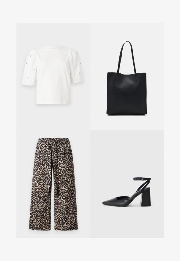 Hvit bomull T-skjorte med korte pufferm, med små sølvdekorasjoner langs ermene. Klassisk rund hals, avslappet passform.; Videbukser med leopardmønster, i svart og beige fargekombinasjon, laget av myk stoff og med elastisk midjebånd for komfort.; Svart lær pumps med spiss tå, ankelrem og kraftig hæl. Flat tekstur, strømlinjeformet design og minimalisme.; Svart lær tote bag med glatt tekstur, rektangulær form og to lange håndtak. Ingen synlige deler eller dekorasjoner.