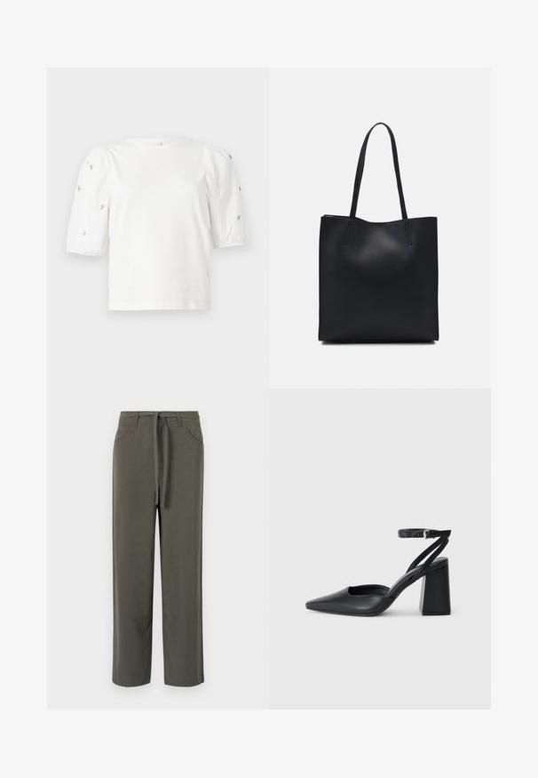 Bela bombažna majica s kratkimi rokavi s pufastimi rokavi, ki ima majhne srebrne okrase vzdolž rokavov. Klasičen okrogel izrez, sproščen kroj.; Olive zelene hlače iz mehkega materiala, s ravnim krojem, zadnjimi in stranskimi žepi ter z vezanjem pasu.; Črne usnjene klasične čevlje z ostrim nosom, z zaponko za gleženj in debelim peto. Ravna tekstura, eleganten dizajn in minimalistična estetika.; Črna usnjena torba s svilnato teksturo, pravokotne oblike in dvema dolgima ročajema. Brez vidnih metalnih delov ali okrasnih elementov.