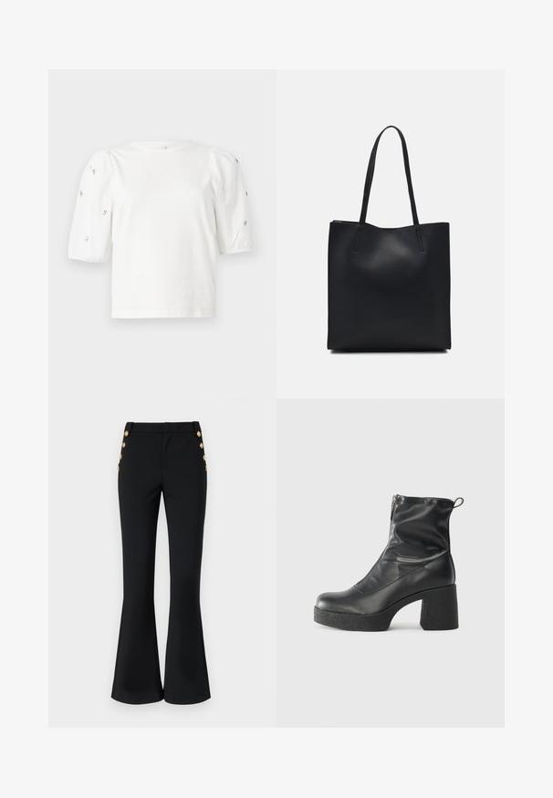 Biela bavlnená tričko s krátkymi volánovými rukávmi, zdobené malými striebornými ozdobami pozdĺž rukávov. Klasický okrúhly výstrih, voľný strih.; Čierne rozšírené nohavice z elastického materiálu, s plochým predným dielom, bočnými vreckami a dekoratívnymi zlatými gombíkmi pri bokoch.; Čierne členkové topánky z hladkej kože, so bočným zipsom, robustnou textúrovanou pätnou časťou a zaobleným dizajnom špičky.; Čierna kožená taška na rameno s hladkým povrchom, obdĺžnikovým tvarom a dvoma dlhými uchami. Bez viditeľného kovania alebo ozdôb.
