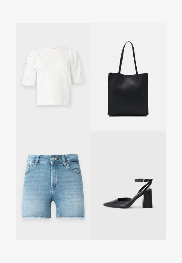 Balta medvilnės marškinėliai trumpomis pūstomis rankovėmis, papuošti mažomis sidabrinėmis detalėmis ant rankovių. Klasikinis apvalus iškirpimas, laisvas siluetas.; Šviesiai mėlyni džinsiniai šortai su neapdailinta apatine kraštine, penkiomis kišenėmis ir priekiniais mygtukais. Yra šiek tiek išblukę ir turi klasikinį siluetą.; Juoda odinė smailiagalė aukštakulnio bateliai su kulkšnies dirželiu ir storu kulnu. Lygus paviršius, elegantiškas dizainas ir minimalistiška estetinė. ; Juodas odinis tote krepšys su lygia tekstūra, stačiakampio formos ir dviem ilgais rankenomis. Matomų metalinių detalių ar puošybos nėra.