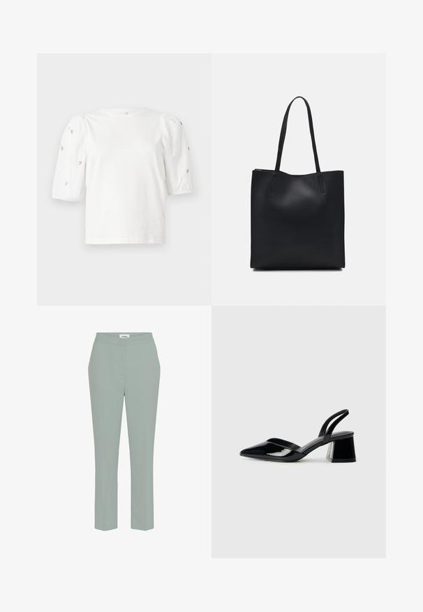 Balta medvilnės marškinėliai trumpomis pūstomis rankovėmis, papuošti mažomis sidabrinėmis detalėmis ant rankovių. Klasikinis apvalus iškirpimas, laisvas siluetas.; Šviesiai žali, tiesaus kirpimo kelnės su lygiu paviršiumi ir vidutinio aukščio juosmeniu, su minimaliais siūlais ir be matomų kišenių.; Juodos lakuotos odinės šlepetės su smailiu pirštu ir geometriniu bloko kulnu. Turi elegantišką, minimalistinį dizainą ir lygų paviršių.; Juodas odinis tote krepšys su lygia tekstūra, stačiakampio formos ir dviem ilgais rankenomis. Matomų metalinių detalių ar puošybos nėra.