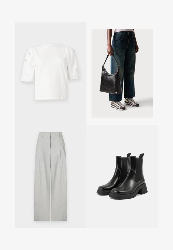 Bela bombažna majica s kratkimi rokavi s pufastimi rokavi, ki ima majhne srebrne okrase vzdolž rokavov. Klasičen okrogel izrez, sproščen kroj.; Svetlo sivi široki hlače iz teksturiranega blaga, ki vključujejo sprednje plise, čist pas in brez vidnih žepov.; Črne usnjene Chelsea škornje s širokim petami, elastičnimi stranskimi ploščami in kontrastnim belim šivanjem. Teksturirana površina.; Črna usnjena torba za ramo z gladko teksturo in nastavljivim trakom, v kombinaciji z zbledelimi širokimi hlačami in športnimi supergami.