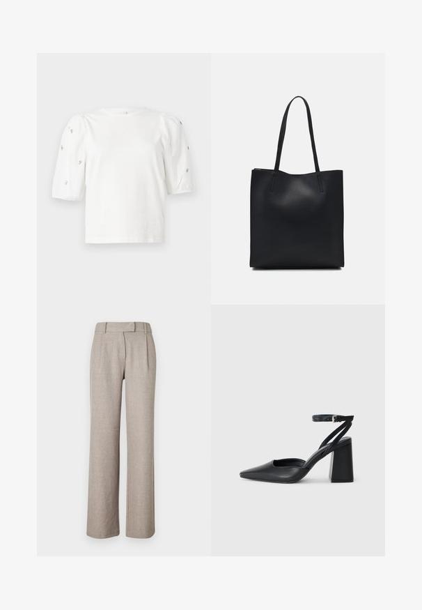 Fehér pamut póló rövid puffos ujjakkal, a ujjain kicsi ezüst díszítések találhatók. Klasszikus kerek nyakú, laza fazonú.; Beige, textúrált anyagból készült, szabott nadrág, egyenes lábbal és elöl redőkkel. Nincs látható fémrész vagy minta.; Fekete bőr, hegyes orrú magassarkú cipő boka pánttal és vastag sarokkal. Sima textúra, elegáns dizájn és minimális esztétika.; Fekete bőrtáska sima felszínnel, téglalap alakú, két hosszú füllel. Nincs látható fémkiegészítő vagy díszítés.