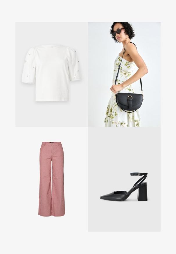 Balta medvilnės marškinėliai trumpomis pūstomis rankovėmis, papuošti mažomis sidabrinėmis detalėmis ant rankovių. Klasikinis apvalus iškirpimas, laisvas siluetas.; Raudonos ir baltos dryžuotos plačios kelnės su aukštu liemeniu, priekinėmis kišenėmis ir mygtukų užsegimu. Medžiaga yra lengva ir tekstūruota.; Juoda odinė smailiagalė aukštakulnio bateliai su kulkšnies dirželiu ir storu kulnu. Lygus paviršius, elegantiškas dizainas ir minimalistiška estetinė. ; Juodas odinis krepšys su išlenkta forma, nuimamu dirželiu ir auksiniais detalėmis. Krepšys turi kilpą su sagtimi.