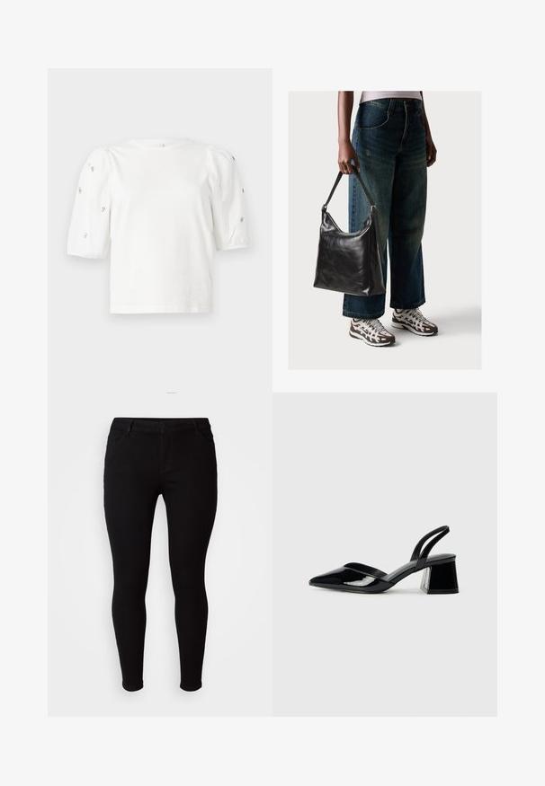 White cotton t-shirt with short puff sleeves, featuring small silver embellishments along the sleeves. Classic round neckline, relaxed fit.; Vero Moda Curve VMCELLY - Jeggings - black; Black patent leather slingback heels with a pointed toe and a geometric block heel. Features a sleek, minimal design and smooth texture.; Black leather shoulder bag with a smooth texture and adjustable strap, paired with faded wide-leg jeans and athletic sneakers.