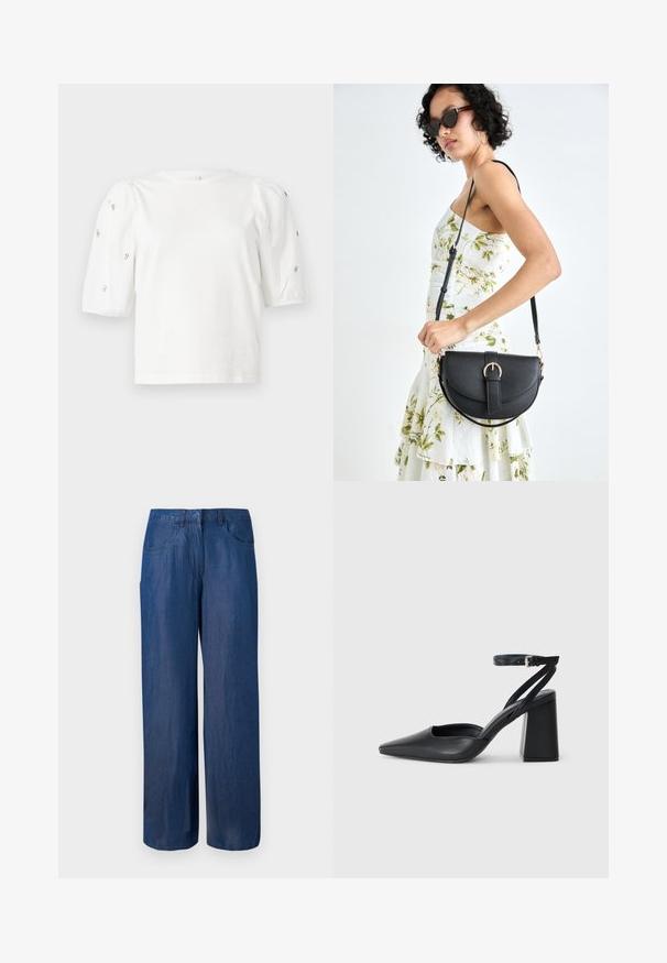 Tricou alb din bumbac cu mâneci scurte tip bufantă, având mici embellisheuri argintii pe mâneci. Decolteu clasic rotund, croială lejeră.; Pantaloni din denim cu talie largă, de culoare albastru închis. Realizați din bumbac cu o textură fină. Au două buzunare în față și un sistem de închidere cu nasture la talie.; Pantofii cu toc ascuțit din piele neagră, cu breteaua pentru glezne și toc gros. Textură netedă, design elegant și estetică minimală.; Geantă din piele neagră, cu o formă curbată, curea detașabilă și accesorii aurii. Geanta are un capac cu un detaliu tip cataramă.