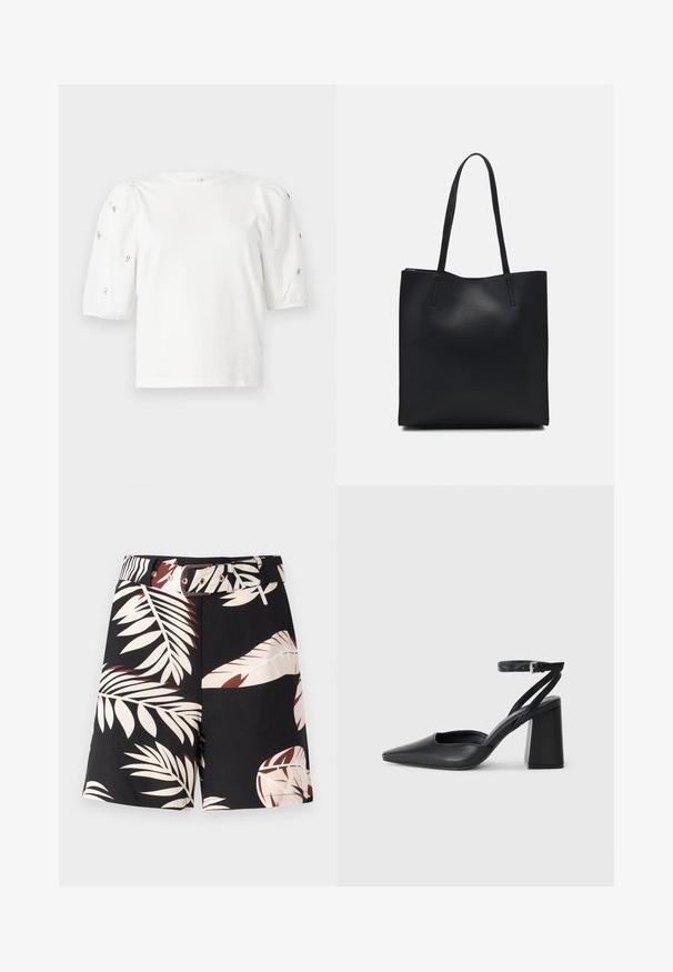 Balta medvilnės marškinėliai trumpomis pūstomis rankovėmis, papuošti mažomis sidabrinėmis detalėmis ant rankovių. Klasikinis apvalus iškirpimas, laisvas siluetas.; Juodi šortai su tropinių lapų raštu smėlio ir rūdžių spalvose. Savyje turi atitinkamą diržą su auksinėmis detalėmis ir klasikinį kirpimą.; Juoda odinė smailiagalė aukštakulnio bateliai su kulkšnies dirželiu ir storu kulnu. Lygus paviršius, elegantiškas dizainas ir minimalistiška estetinė. ; Juodas odinis tote krepšys su lygia tekstūra, stačiakampio formos ir dviem ilgais rankenomis. Matomų metalinių detalių ar puošybos nėra.