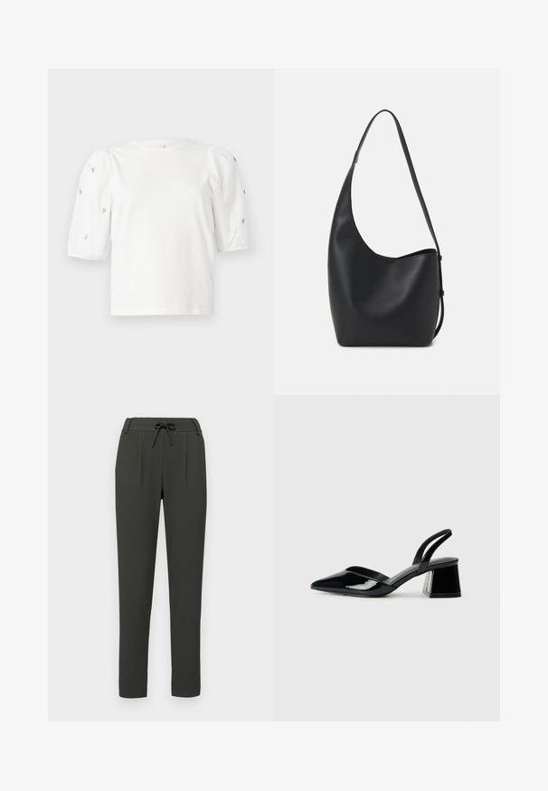 Balta kokvilnas t-kreklu ar īsām puff piedurknēm, ar nelieliem sudraba rotājumiem gar piedurknēm. Klasisks apaļš izgriezums, brīvā piegriezuma.; Tumši zaļi sašaurināti bikses ar aukliņu jostu, kurām ir krokas un teksturēta auduma. Gludas, šauras piegriezuma, bez kabatām.; Melna lakota āda ar atvērto papēdi, ar smailu purngalu un ģeometrisku blokpapēdi. Iezīmējas elegants, minimāls dizains un gluda tekstūra.; Melnas ādas hobo soma ar gludu tekstūru, izliekta forma un vienu regulējamu jostu; augšā ir plaša atvere.