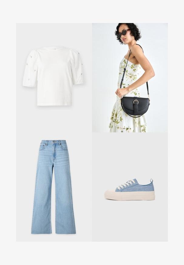 White cotton t-shirt with short puff sleeves, featuring small silver embellishments along the sleeves. Classic round neckline, relaxed fit.; Light blue wide-leg jeans made of denim. High waist, two front pockets, and a faded finish with subtle texture. Stitching along the seams.; Light blue canvas sneakers with a cream rubber toe cap and outsole, featuring white laces and a pull tab on the heel.; Black leather handbag with a curved shape, detachable strap, and gold hardware. The bag features a flap with a buckle detail.