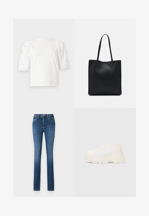 Bela bombažna majica s kratkimi rokavi s pufastimi rokavi, ki ima majhne srebrne okrase vzdolž rokavov. Klasičen okrogel izrez, sproščen kroj.; Modri jeans iz denima z ravnim krojem, petimi žepi, gumbom in zadrgo ter zbledelim pranjem s subtilnimi whisker detajli.; Bela platnena teniska z debelim podplatom, okroglo konico in petimi luknjicami za vezalke. Zadaj je dodana zanka za enostavno obuvanje. Gladka tekstura, minimalistična zasnova.; Črna usnjena torba s svilnato teksturo, pravokotne oblike in dvema dolgima ročajema. Brez vidnih metalnih delov ali okrasnih elementov.