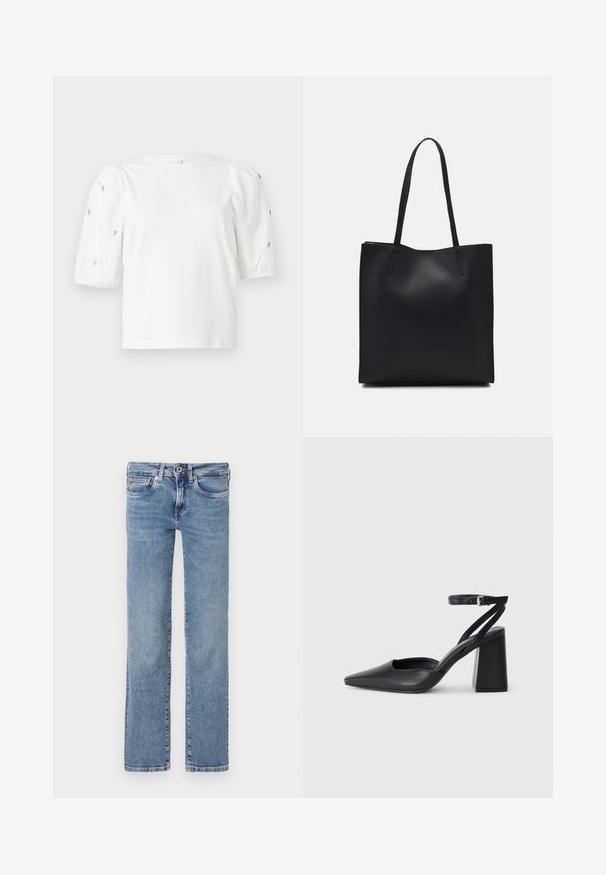 White cotton t-shirt with short puff sleeves, featuring small silver embellishments along the sleeves. Classic round neckline, relaxed fit.; Light blue denim jeans, straight-leg design, five-pocket style, button and zipper fly, with subtle fading and a clean hem.; Black leather pointy-toe pump with an ankle strap and a chunky heel. Flat texture, sleek design, and minimalistic aesthetics.; Black leather tote bag with smooth texture, rectangular shape, and two long handles. No visible hardware or embellishments.