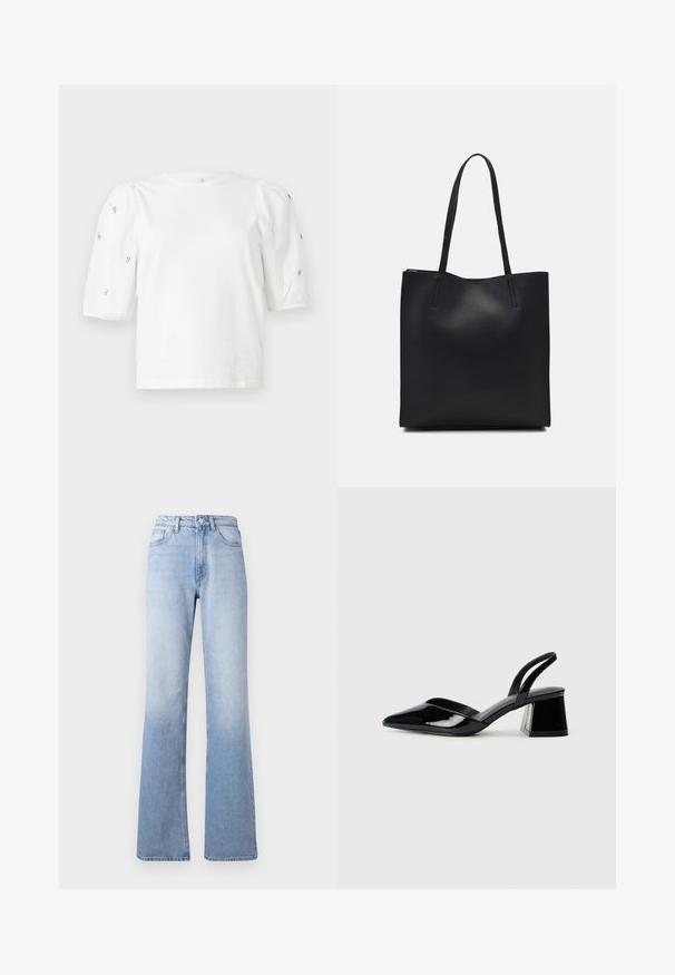 Άσπρη βαμβακερή μπλούζα με κοντά φουσκωτά μανίκια, διακοσμημένη με μικρές ασημένιες λεπτομέρειες κατά μήκος των μανικιών. Κλασική στρογγυλή λαιμόκοψη, χαλαρή εφαρμογή.; Ανοιχτόχρωμα τζιν με τζιέν σε καμπάνα και ψηλή μέση, με κλασικό σχέδιο πέντε τσεπών, διακριτική φθορά και φερμουάρ με κούμπωμα.; Μαύρα πατεντέ δερμάτινα γοβάκια slingback με μυτερή μύτη και γεωμετρικό τακούνι. Έχουν κομψό, μινιμαλιστικό σχέδιο και λεία υφή.; Μαύρη δερμάτινη τσάντα tote με λείο υφή, ορθογώνιο σχήμα και δύο μακριές λαβές. Χωρίς ορατό υλικό ή διακοσμητικά στοιχεία.