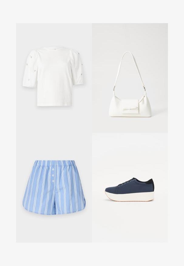 Balta medvilnės marškinėliai trumpomis pūstomis rankovėmis, papuošti mažomis sidabrinėmis detalėmis ant rankovių. Klasikinis apvalus iškirpimas, laisvas siluetas.; Šviesiai mėlynos medvilninės šortai su vertikaliomis baltomis juostelėmis, turintys raištelį juosmens srityje ir tris priekinės užsegimo mygtukus.; Tamsiai mėlynas sportinis batelis su tekstūruotu audiniu viršuje, baltu platformos padu, apvaliu pirštu ir juodu kulno akcentu.š. Yra šešios skylės raišteliams.; Balta sintetinė rankinė trikampio formos, plokščiu priekiu su užsegimu, kaspino detale, reguliuojama dirželiu, lygia tekstūra ir minimalistišku dizainu.